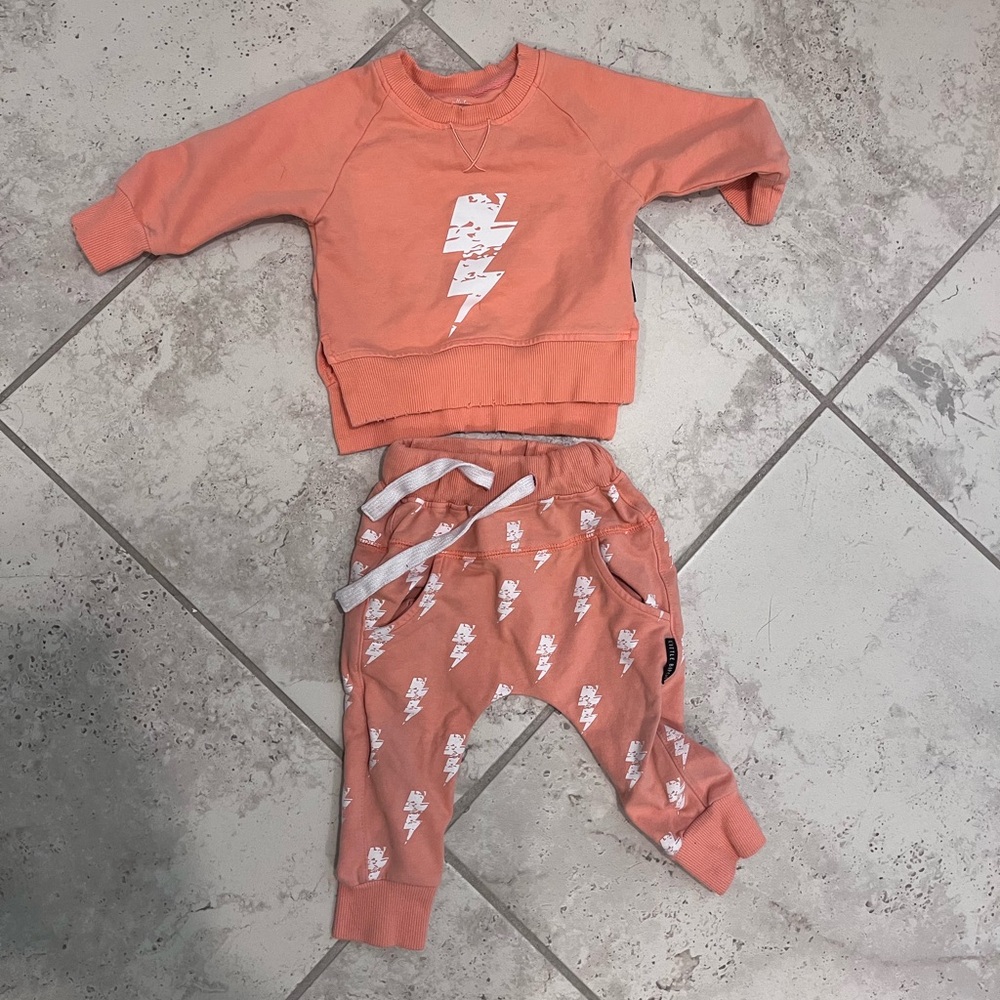 Little Bipsy Neon Desert Bolt (orange) jogger and sweatshirt set. 3-6 months.